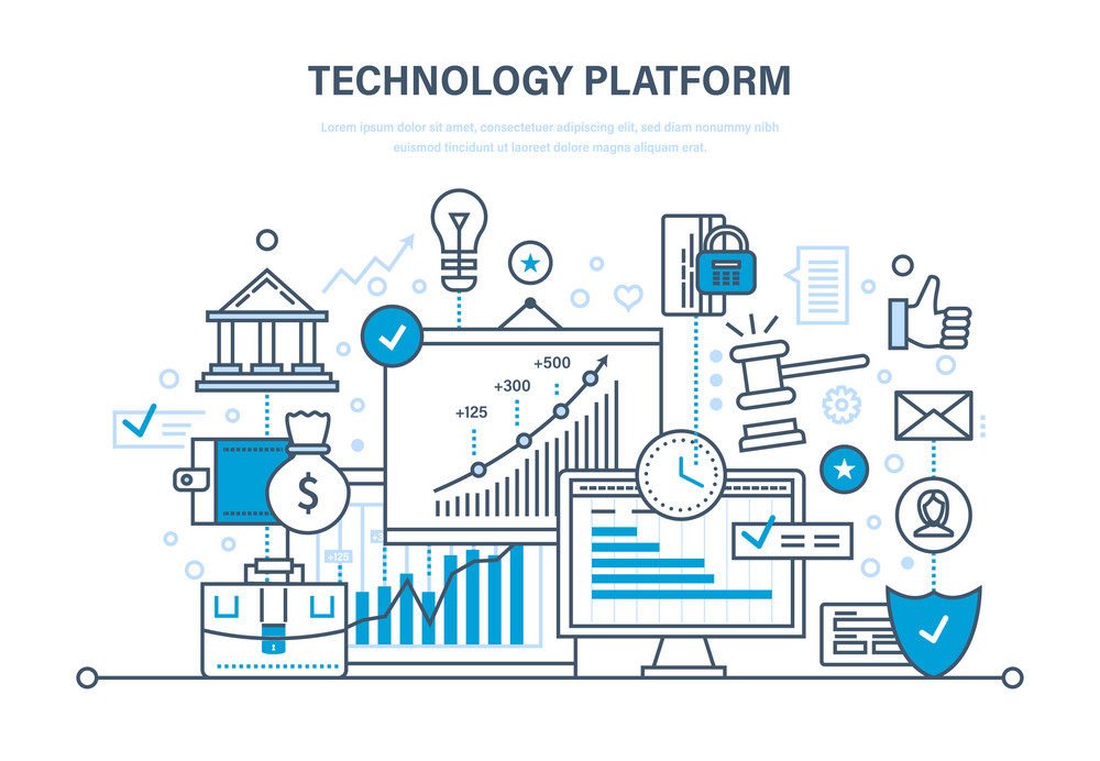 Technology platform. Cloud storage and network. Business, financial and innovative technological platform. Trading, auctions. Illustration thin line design of vector doodles, infographics elements.